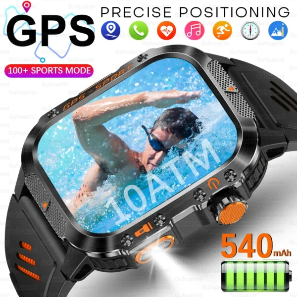Montre connectée GPS d'extérieur pour hommes, de qualité militaire, boussole, fréquence cardiaque, appel BT, lampe de poche LED, étanche 10ATM, pour natation, nouveauté 2026
