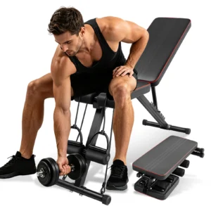 Banc de musculation réglable, banc d'entraînement robuste 300 kg, 7 positions réglables (105 ° , 120 ° , 135 ° , 150 ° , 165 ° , 180 ° , 195 ° Banc de musculation pliable rapide, inclinable/abaisseable, pour entraînement complet du corps à domicile