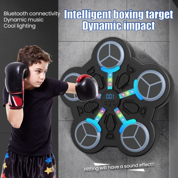 Machine musicale intelligente de boxe murale pour enfants, anti-stress, avec Bluetooth, entraîneur de frappe 3 vitesses, volume réglable, lumière rythmique LED, affichage des scores, rechargeable USB, ABS PU