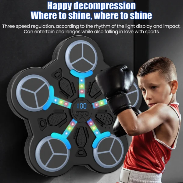Machine musicale intelligente de boxe murale pour enfants, anti-stress, avec Bluetooth, entraîneur de frappe 3 vitesses, volume réglable, lumière rythmique LED, affichage des scores, rechargeable USB, ABS PU