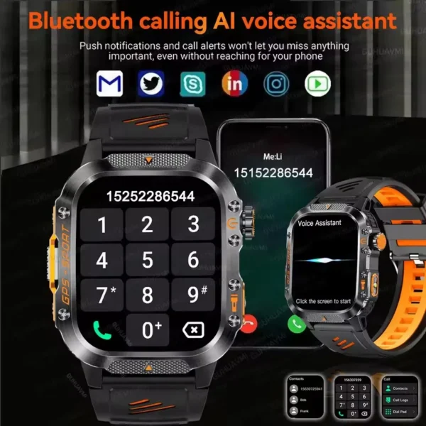 Montre connectée GPS d'extérieur pour hommes, de qualité militaire, boussole, fréquence cardiaque, appel BT, lampe de poche LED, étanche 10ATM, pour natation, nouveauté 2026