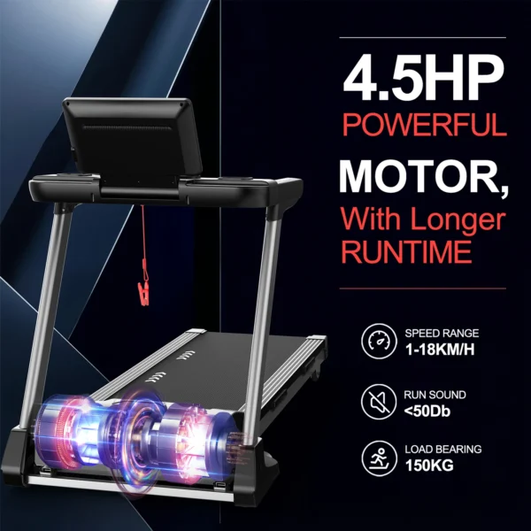 Tapis roulant pliable avec 18 niveaux d'inclinaison automatique, vitesse maximale de 18 km/h, moteur de 4,5 CV, capacité de charge de 150 kg, course à pied à domicile
