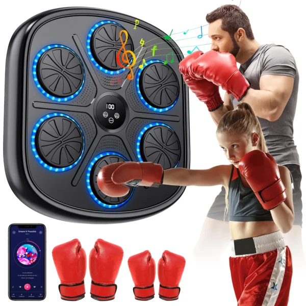 NOUVEAU : Machine d'entraînement de boxe musicale intelligente, entraîneur de fitness de boxe, cible murale électronique, sac de sable suspendu, pour enfants et adultes, 2 paires de gants