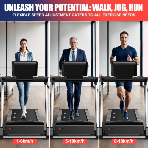 Tapis roulant pliable avec 18 niveaux d'inclinaison automatique, vitesse maximale de 18 km/h, moteur de 4,5 CV, capacité de charge de 150 kg, course à pied à domicile