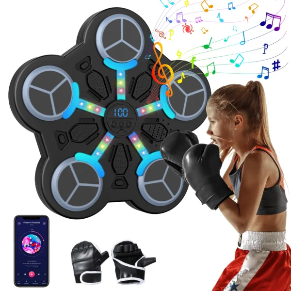 Machine musicale intelligente de boxe murale pour enfants, anti-stress, avec Bluetooth, entraîneur de frappe 3 vitesses, volume réglable, lumière rythmique LED, affichage des scores, rechargeable USB, ABS PU