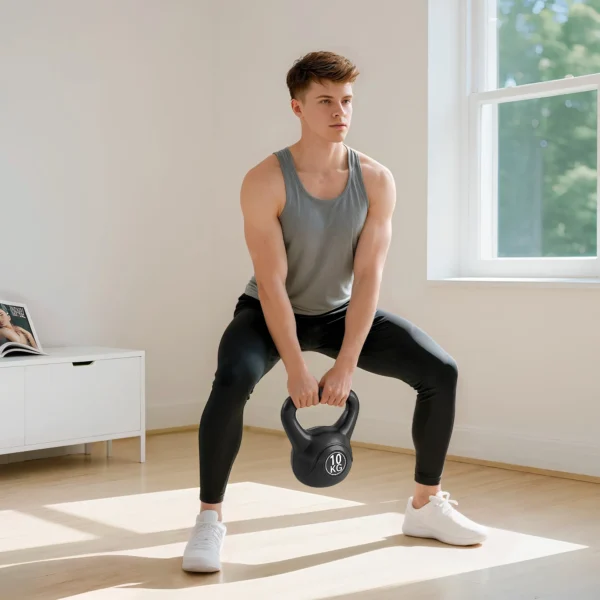 Pese Rusa de 10 kg Kettlebell Remplissement d'Arène avec Manche Large Antiglissant pour Entraînement 25x19x28 cm Noir